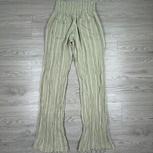 Billabong Womens Pants Medium Sage Green White Striped Smocked Gauze Wide Leg